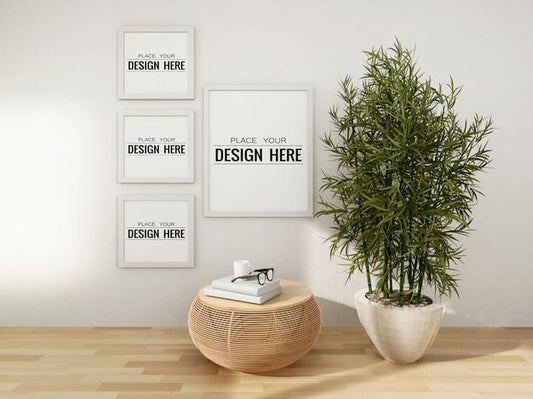 Free Poster Frame Mockup On The Wall With Plant Psd