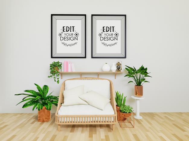 Free Poster Frame Mockup On The Wall With Plant Psd