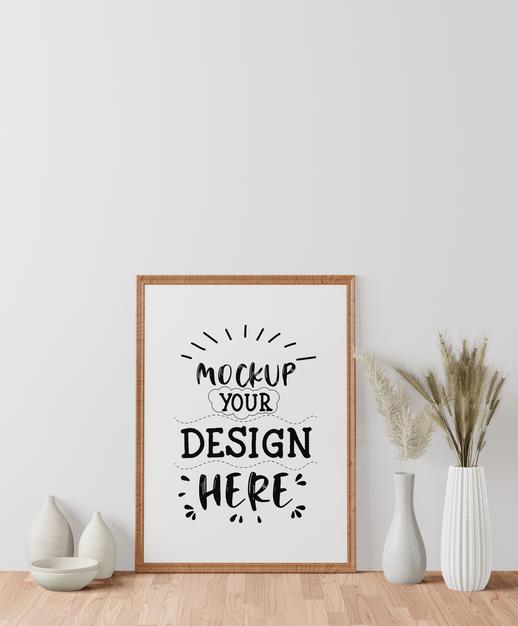 Free Poster Frame Mockup On The Wall With Plant Psd