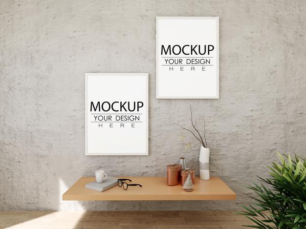 Free Poster Frame Mockup On The Wall With Plant Psd