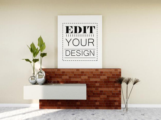 Free Poster Frame Mockup On The Wall With Plant Psd