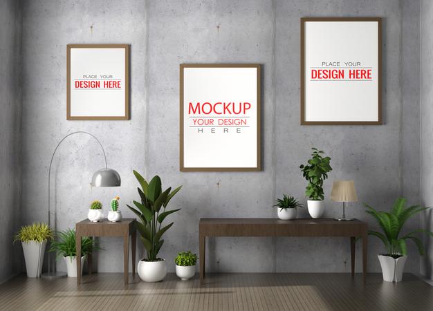 Free Poster Frame Mockup On The Wall With Plant Psd