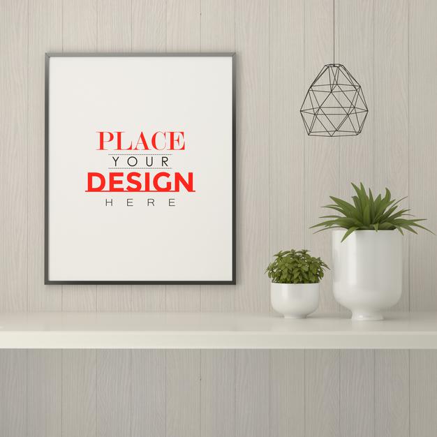 Free Poster Frame Mockup On The Wall With Plant Psd