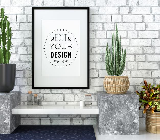 Free Poster Frame Mockup On The Wall With Plant Psd