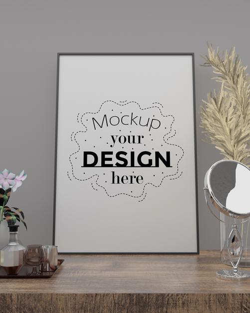 Free Poster Frame Mockup On The Wall With Plant Psd