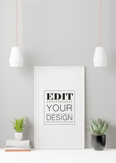 Free Poster Frame Mockup On The Wall With Plant Psd