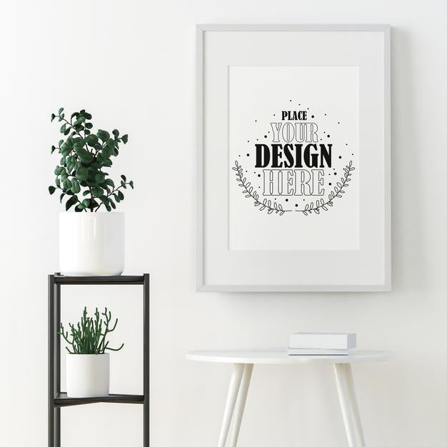 Free Poster Frame Mockup On The Wall With Plant Psd