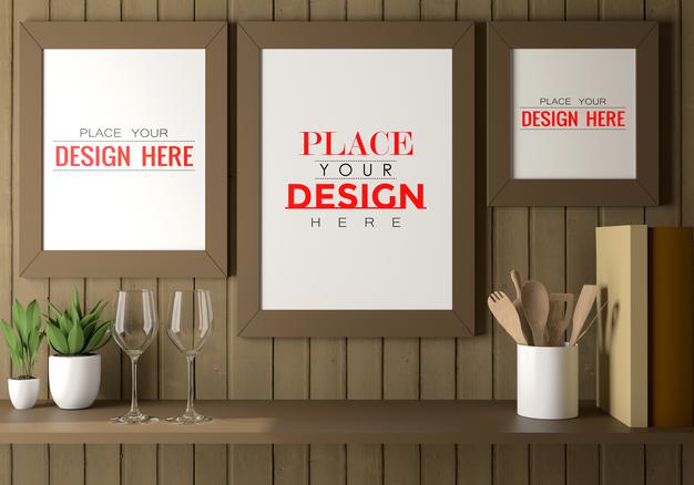 Free Poster Frame Mockup On The Wall With Plant Psd