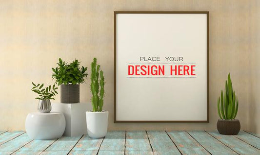 Free Poster Frame Mockup On The Wall With Plant Psd