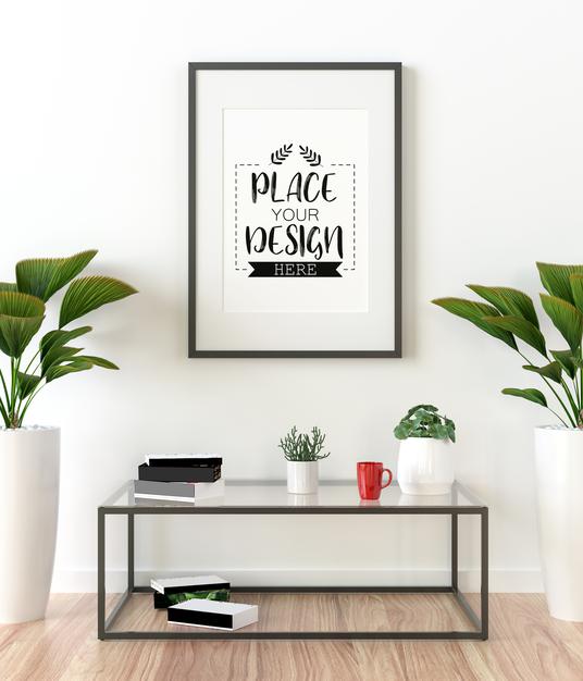 Free Poster Frame Mockup On The Wall With Plant Psd