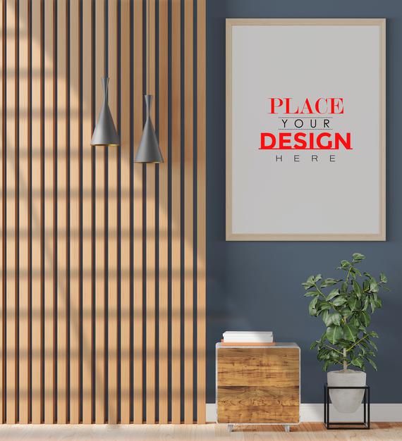 Free Poster Frame Mockup On The Wall With Plant Psd