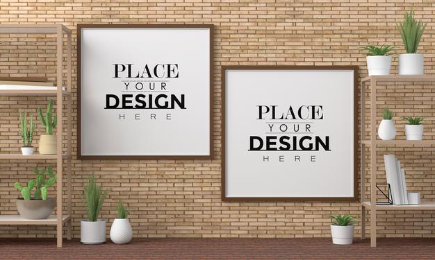 Free Poster Frame Mockup On The Wall With Plant Psd