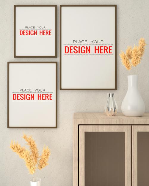 Free Poster Frame Mockup On The Wall With Plant Psd