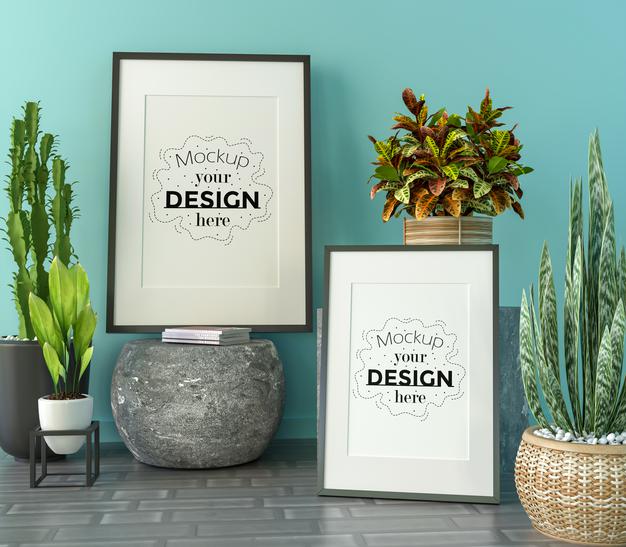 Free Poster Frame Mockup On The Wall With Plant Psd