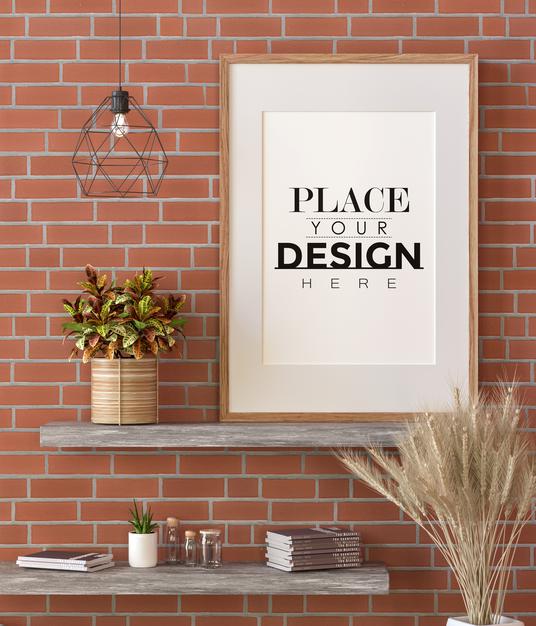 Free Poster Frame Mockup On The Wall With Plant Psd