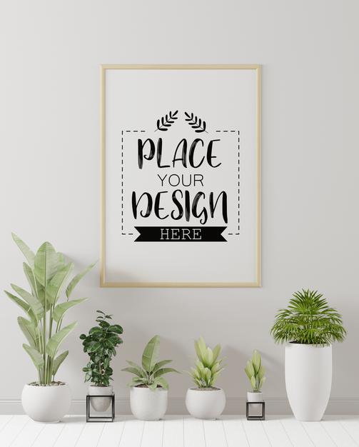 Free Poster Frame Mockup On The Wall With Plant Psd