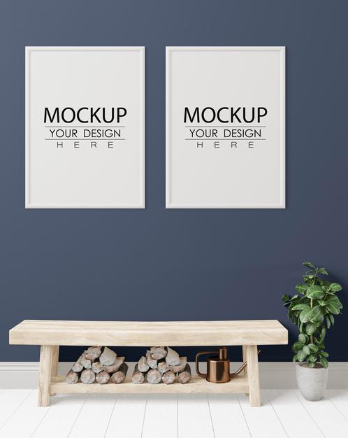 Free Poster Frame Mockup On The Wall With Plant Psd