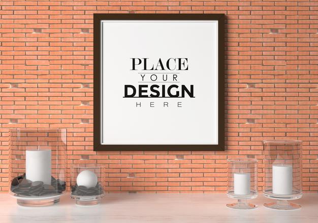 Free Poster Frame Mockup On The Wall With Plant Psd