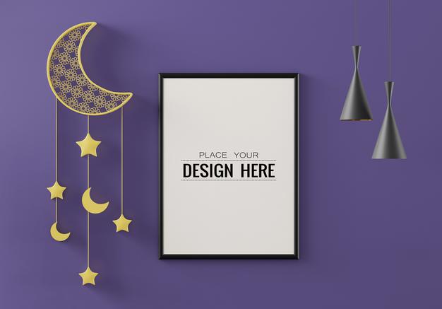 Free Poster Frame Mockup With Interior Ramadan Decoration Living Room Psd