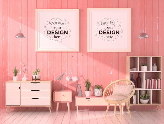 Free Poster Frames In Living Room Mockup Psd