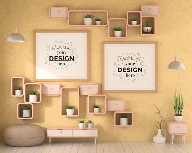 Free Poster Frames In Living Room Mockup Psd