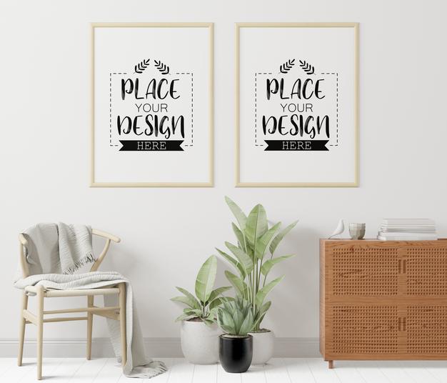 Free Poster Frames In Living Room Mockup Psd