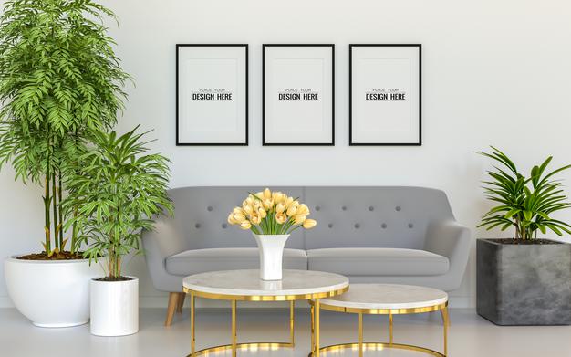 Free Poster Frames In Living Room Mockup Psd