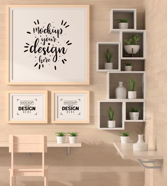 Free Poster Frames In Living Room Mockup Psd