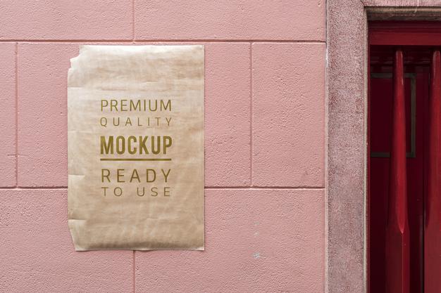 Free Poster Mockup On Red Wall Psd