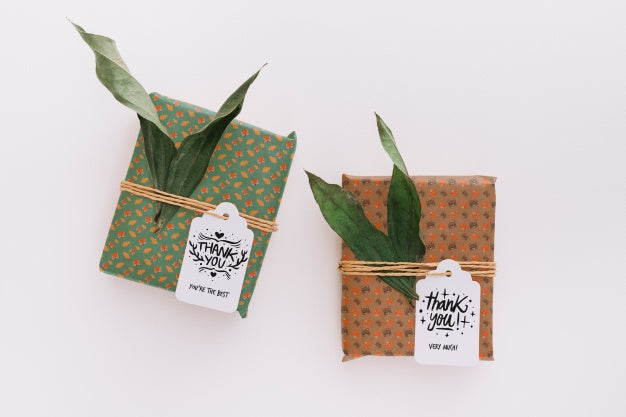 Free Present Box Mockup With Leaves Psd