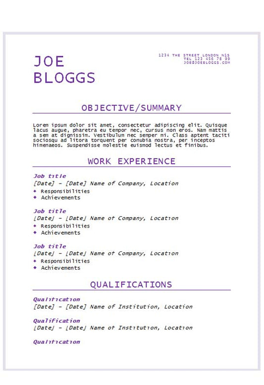 Free Purple Flair Text Only CV Resume Template in Microsoft Word (DOCX) Format