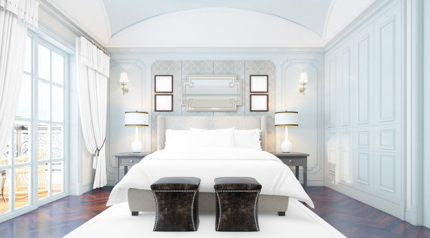 Free Realistic Elegant Double Bedroom With Furniture And Big Windows Psd