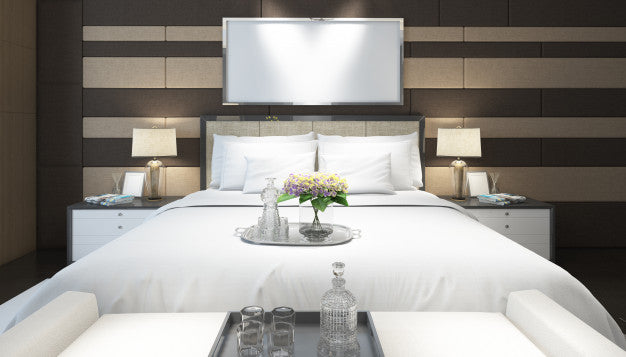 Free Realistic Modern Double Bedroom With Furniture And A Frame Psd