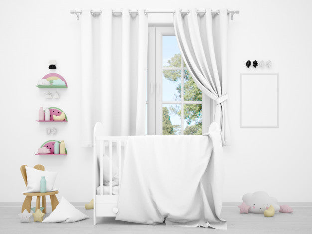 Free Realistic White Baby Bedroom With A Window And A Cradle Psd