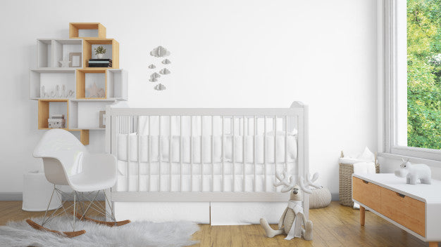 Free Realistic White Baby Bedroom With A Window And A Cradle Psd