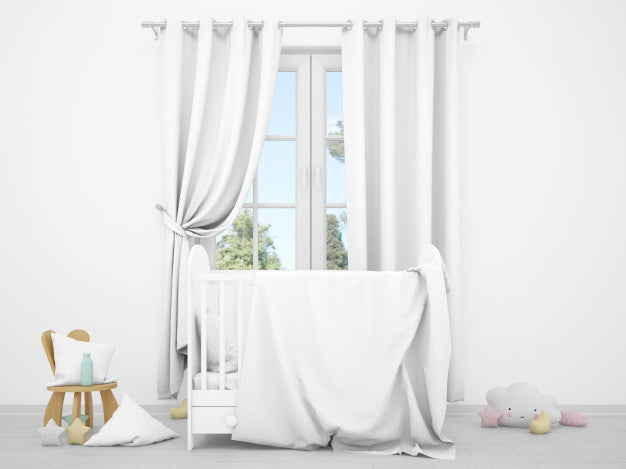 Free Realistic White Baby Bedroom With A Window And A Cradle Psd