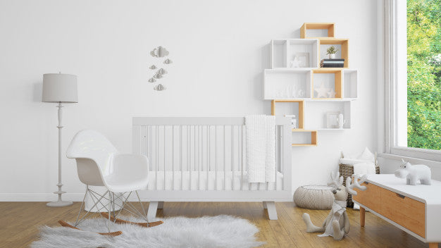 Free Realistic White Baby Bedroom With A Window And A Cradle Psd