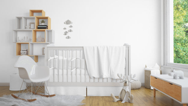 Free Realistic White Baby Bedroom With A Window And A Cradle Psd