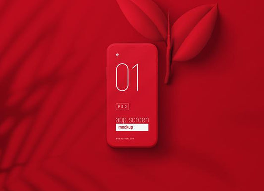 Free Red Smartphone Mockup With Red Leaves Psd