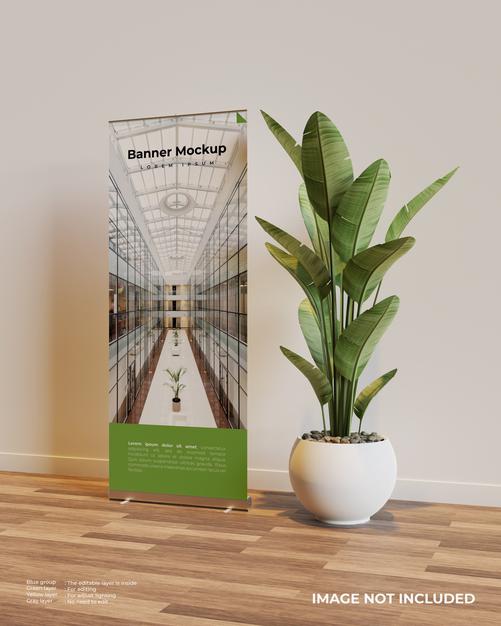 Free Roll Up Banner Mockup In Interior Scene With A Plant Beside It Psd