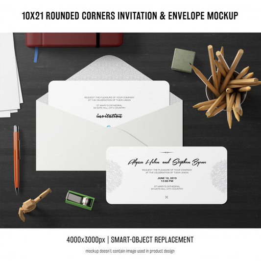 Free Rounded Corners Invitation And Envelope Mockup Psd