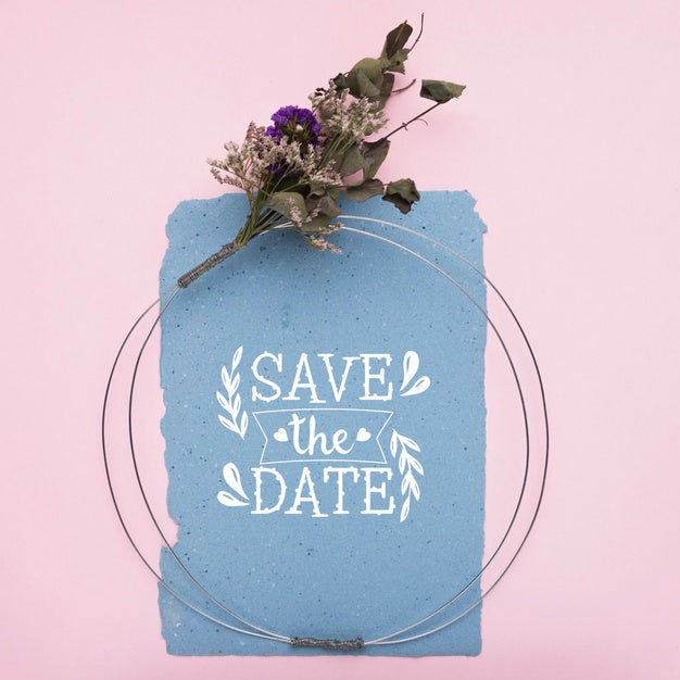 Free Save The Date Mock-Up On Blue Paper And Dried Flowers Psd