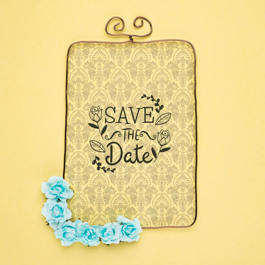 Free Save The Date Mock-Up Victorian Frame With Blue Flowers Psd