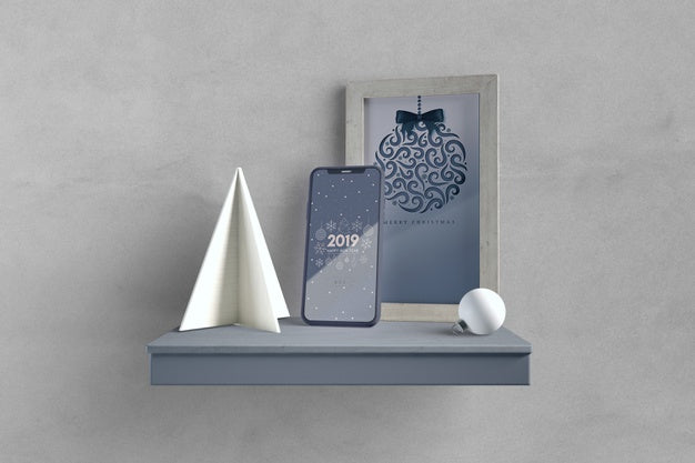 Free Shelf With Frame And Smarphone Psd