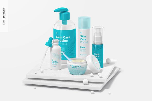 Free Skin Care Routine Scene Mockup, Perspective Psd