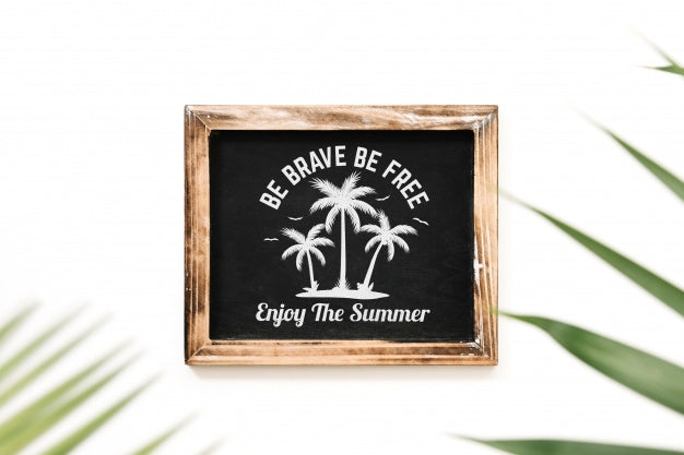 Free Slate Mockup With Palm Tree Leaf Psd