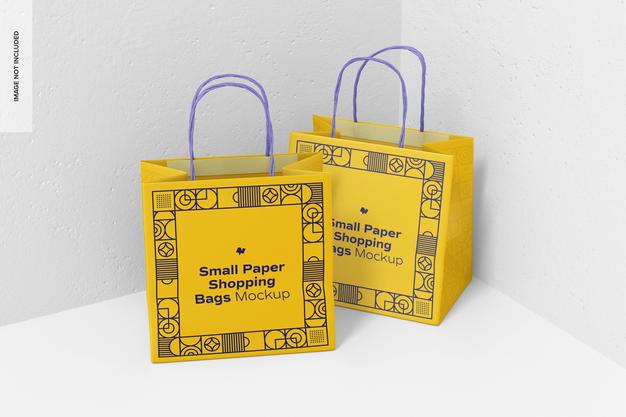 Free Small Paper Shopping Bags Mockup, Perspective Psd