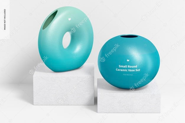 Free Small Round Ceramic Vase Set Mockup, Perspective Psd