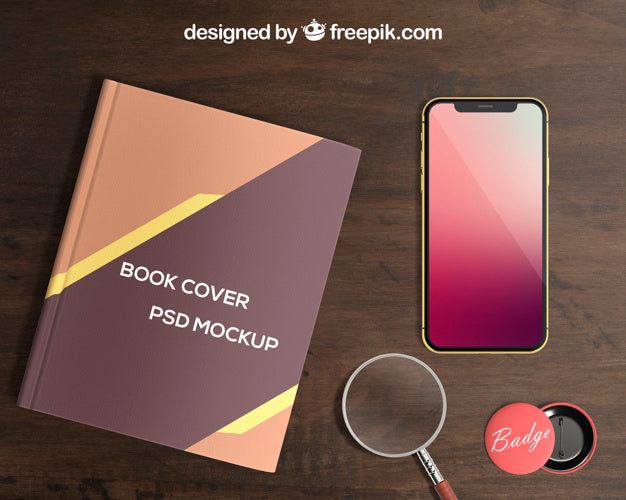 Free Smartphone And Book Cover Mockup With Badge Psd