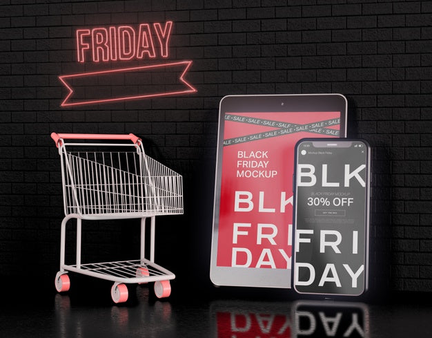 Free Smartphone And Digital Tablet Screens Mockup. Black Friday Concept Psd